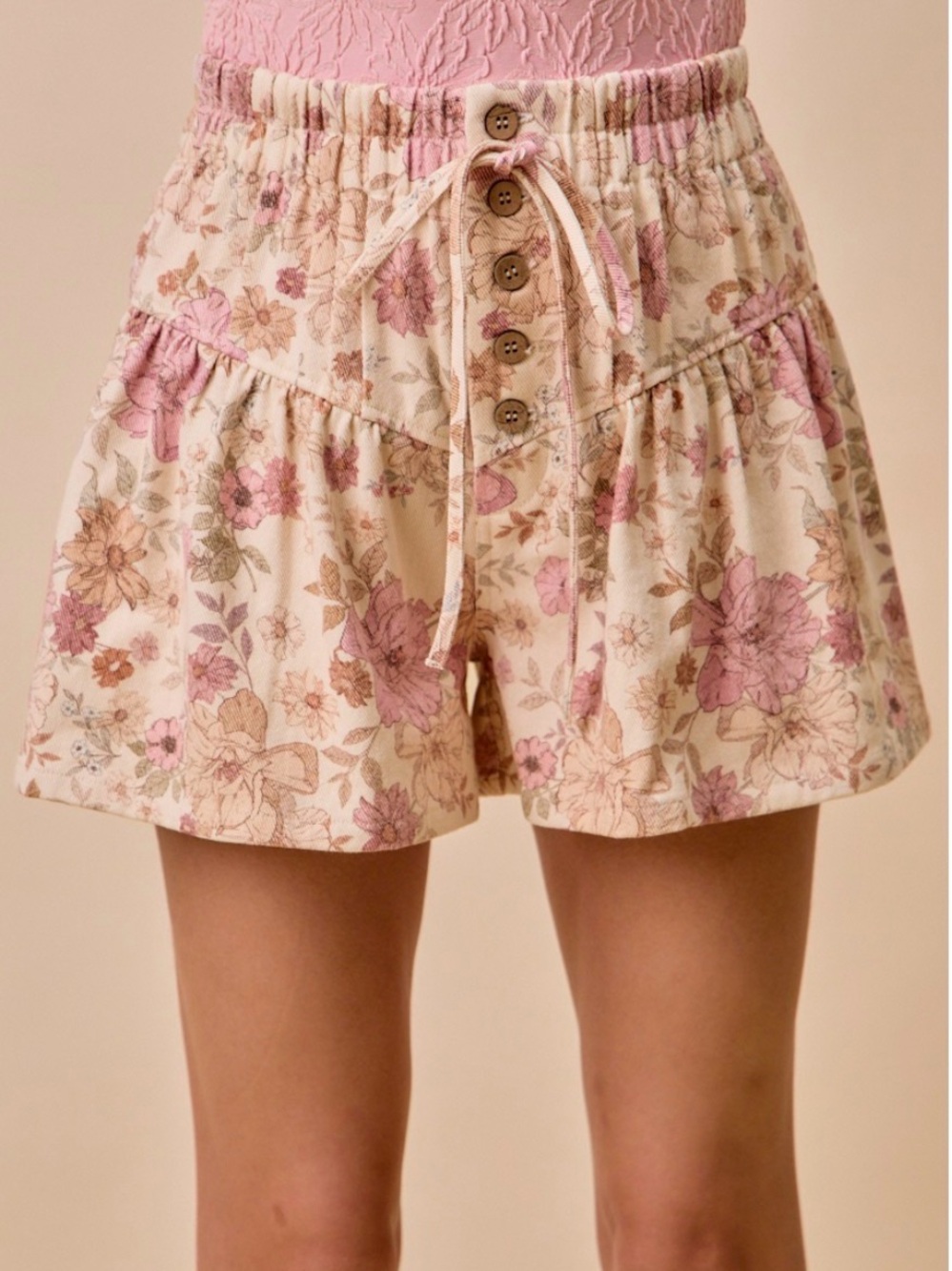 Floral Drawstring Elastic Waist Women's Shorts - Pink Floral